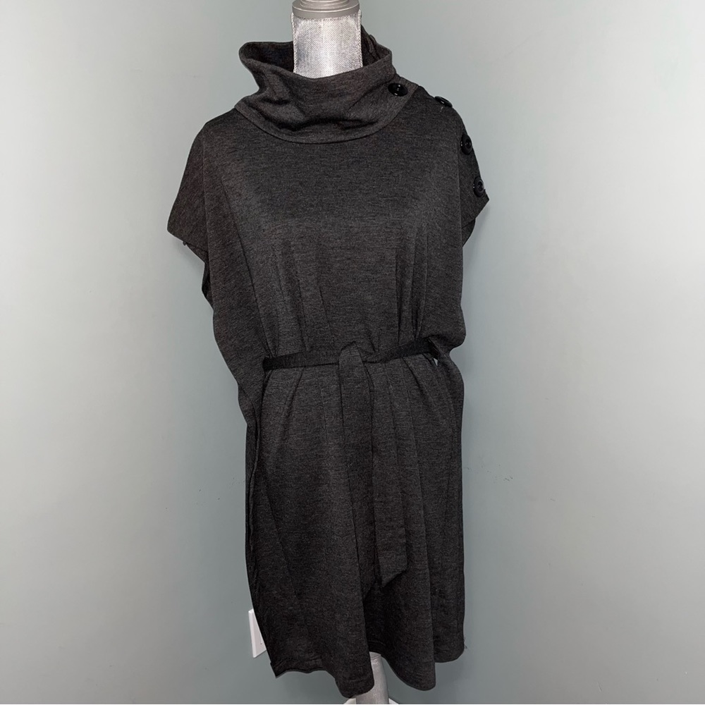 PINK MARTINI size medium COWL NECK SWEATER DRESS tie front office wear grey